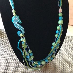 NWT! Turquoise Carved wood Seahorse necklaces w/ tropical color beading set